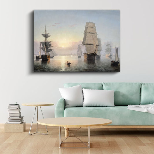 Fitz Hugh Lane - Durgun Denizde Yelkenliler Kanvas Tablo