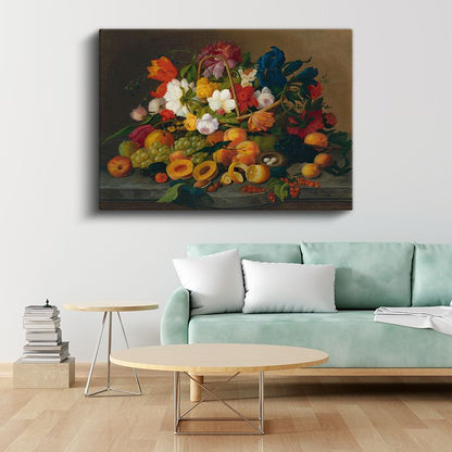 Severin Roesen - Çiçekler ve Meyveler Natürmortu Kanvas Tablo