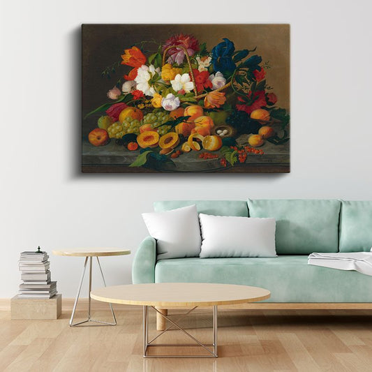Severin Roesen - Çiçekler ve Meyveler Natürmortu Kanvas Tablo