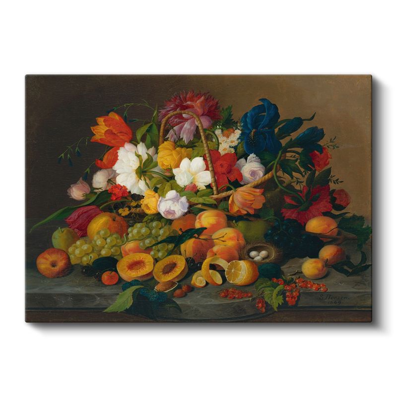 Severin Roesen - Çiçekler ve Meyveler Natürmortu Kanvas Tablo