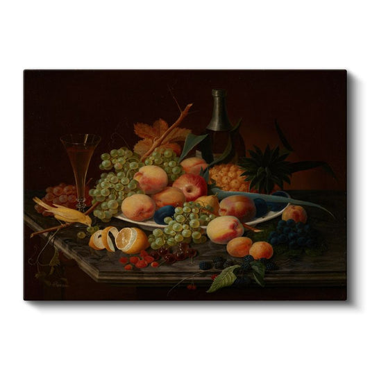Johann Wilhelm Preyer - Şeftali ve Üzüm Natürmortu Kanvas Tablo