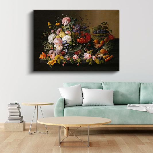 Severin Roesen - Çiçekler ve Meyveler Aranjmanı Kanvas Tablo