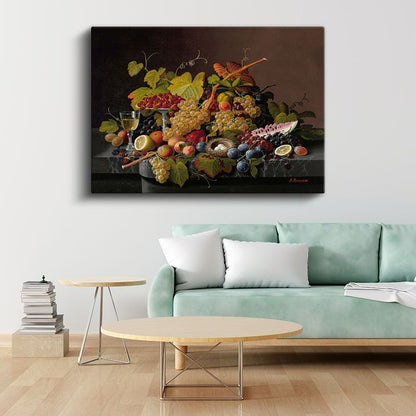 Severin Roesen - Meyveler ve Şarap Kadehi Natürmortu Kanvas Tablo