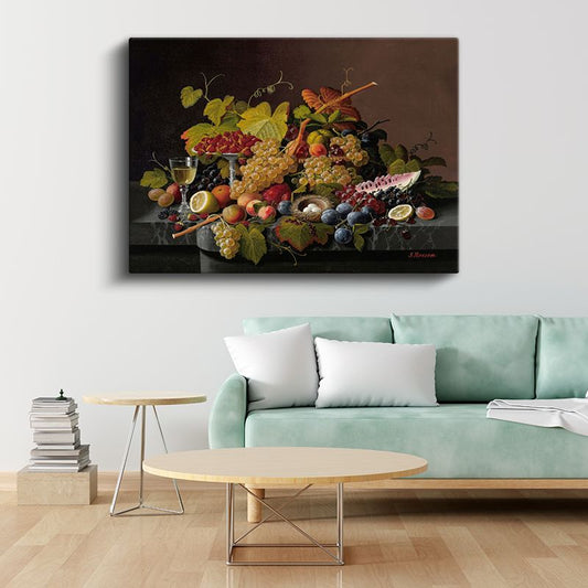 Severin Roesen - Meyveler ve Şarap Kadehi Natürmortu Kanvas Tablo