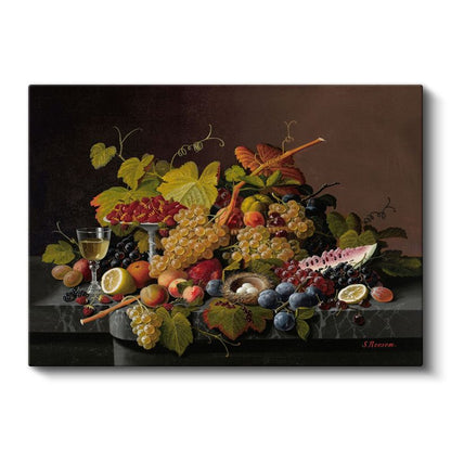 Severin Roesen - Meyveler ve Şarap Kadehi Natürmortu Kanvas Tablo