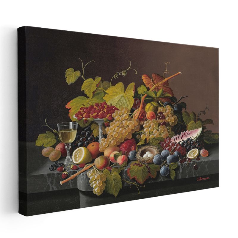 Severin Roesen - Meyveler ve Şarap Kadehi Natürmortu Kanvas Tablo