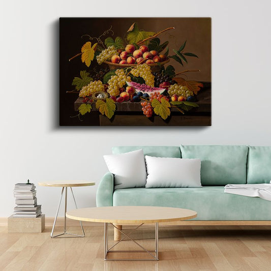 Severin Roesen - Sepette Meyveler Natürmortu Kanvas Tablo