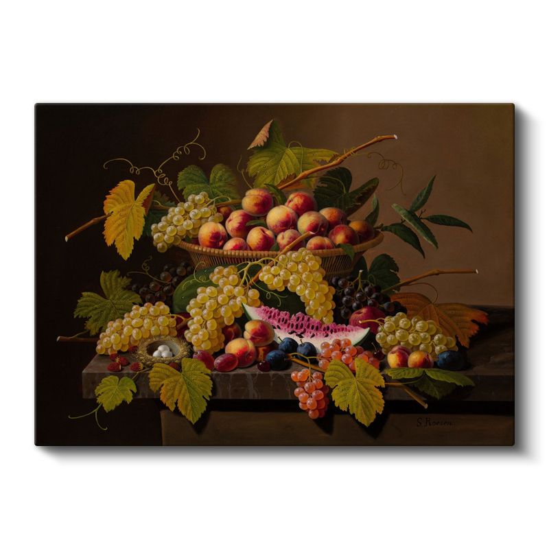 Severin Roesen - Sepette Meyveler Natürmortu Kanvas Tablo