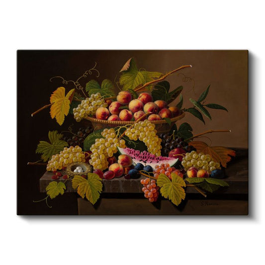 Severin Roesen - Sepette Meyveler Natürmortu Kanvas Tablo