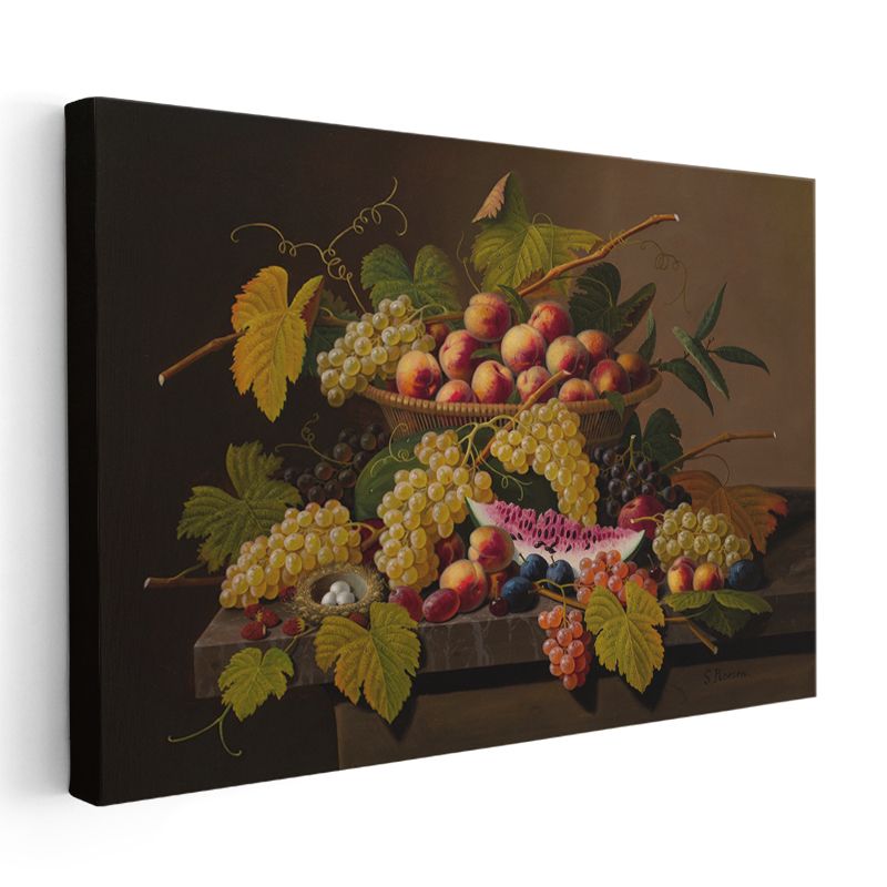 Severin Roesen - Sepette Meyveler Natürmortu Kanvas Tablo