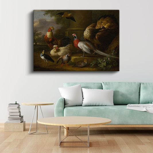 Melchior d'Hondecoeter - Avluda Kümes Hayvanları Kanvas Tablo