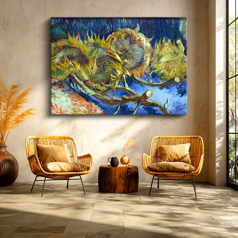 Yatay Kanvas Tablo Vincent van Gogh Kurumuş Ayçiçekleri Mavi Zemin Ressam Tablosu Ev Ofis Dekoru