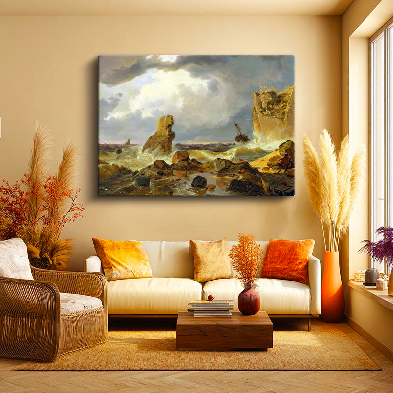 Yatay Kanvas Tablo C.D. Friedrich Batık Gemi Fırtınalı Deniz Kayalık Ressam Tablosu Ev Ofis Dekoru