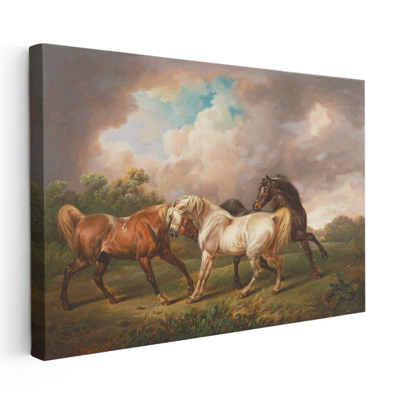 Yatay Kanvas Tablo George Stubbs Dört At Fırtınalı Bulutlar Manzarası Ressam Tablosu Duvar Dekoru