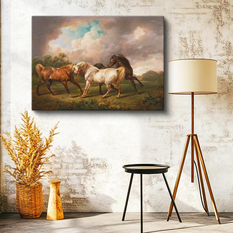 Yatay Kanvas Tablo George Stubbs Dört At Fırtınalı Bulutlar Manzarası Ressam Tablosu Duvar Dekoru