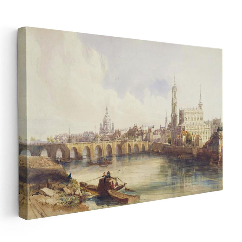 Yatay Kanvas Tablo William Callow Dresden Köprüsü Nehir Manzarası Ressam Tablosu Duvar Dekoru