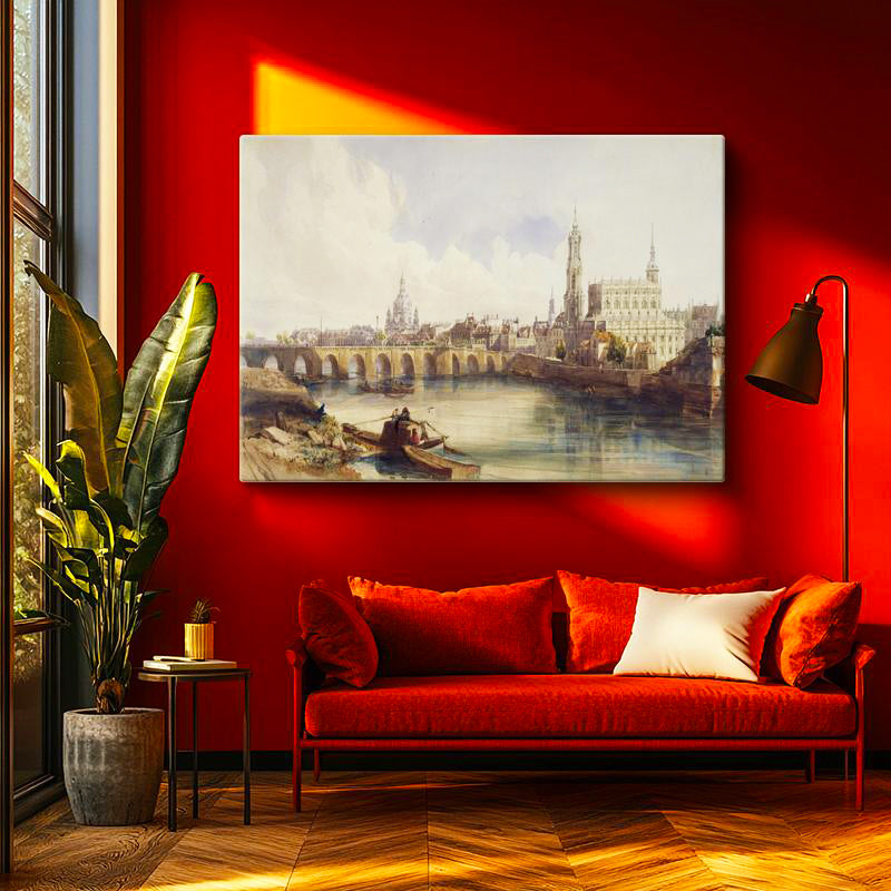Yatay Kanvas Tablo William Callow Dresden Köprüsü Nehir Manzarası Ressam Tablosu Duvar Dekoru