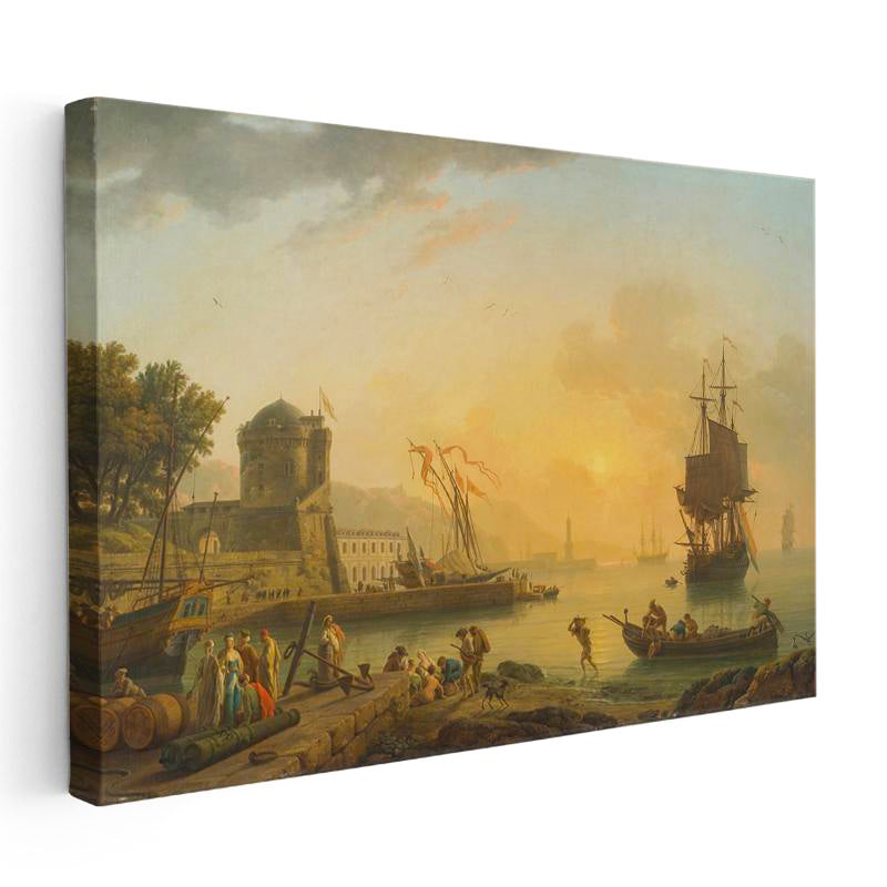 Yatay Kanvas Tablo C.J. Vernet Sakin Liman Manzarası Kale Figürleri Ressam Tablosu Duvar Dekoru