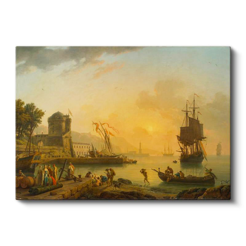 Yatay Kanvas Tablo C.J. Vernet Sakin Liman Manzarası Kale Figürleri Ressam Tablosu Duvar Dekoru