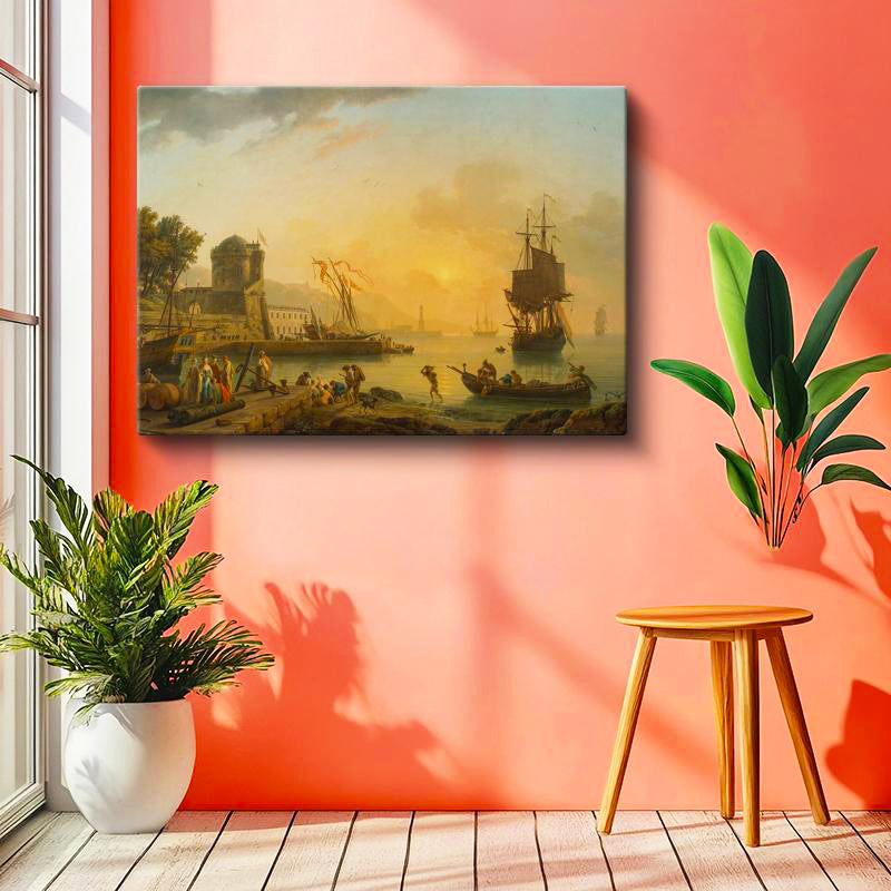 Yatay Kanvas Tablo C.J. Vernet Sakin Liman Manzarası Kale Figürleri Ressam Tablosu Duvar Dekoru
