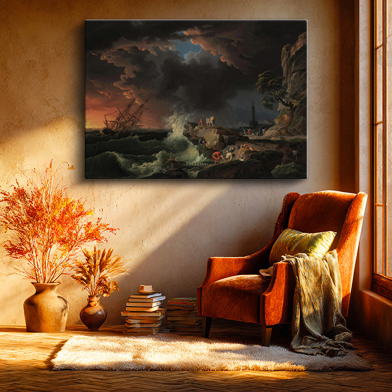 Yatay Kanvas Tablo C.J. Vernet Gemi Enkazı Manzarası Uçurum Kenarı Ressam Tablosu Ev Ofis Dekoru