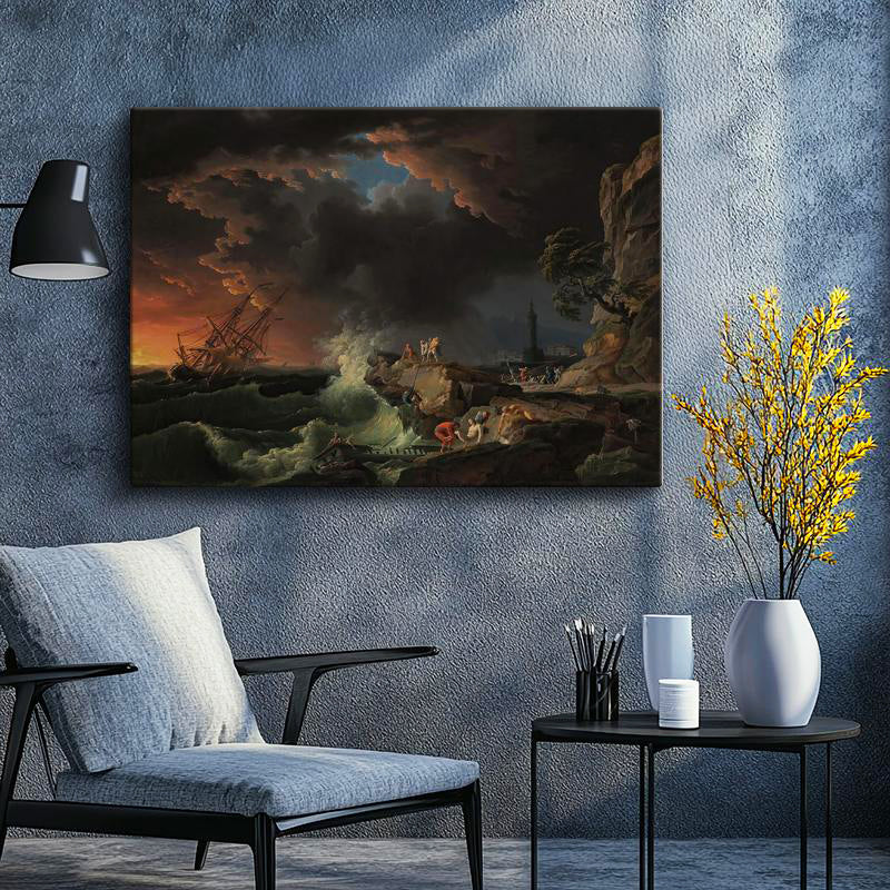 Yatay Kanvas Tablo C.J. Vernet Gemi Enkazı Manzarası Uçurum Kenarı Ressam Tablosu Ev Ofis Dekoru