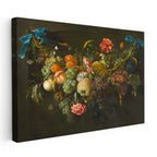 Yatay Kanvas Tablo Jan van Huysum Meyve ve Çiçek Garlandı Mavi Kurdele Ressam Tablosu Ev Ofis Dekoru