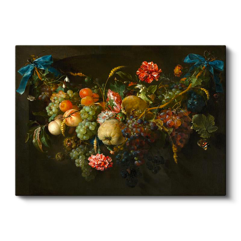 Yatay Kanvas Tablo Jan van Huysum Meyve ve Çiçek Garlandı Mavi Kurdele Ressam Tablosu Ev Ofis Dekoru