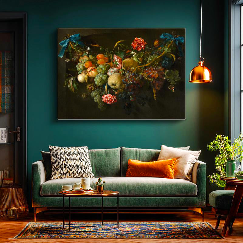 Yatay Kanvas Tablo Jan van Huysum Meyve ve Çiçek Garlandı Mavi Kurdele Ressam Tablosu Ev Ofis Dekoru