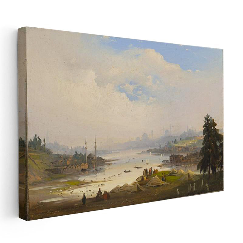 Yatay Kanvas Tablo Ippolito Caffi Haliç Manzarası Kıyıda Çadırlar Ressam Tablosu Duvar Dekoru