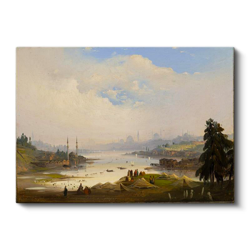 Yatay Kanvas Tablo Ippolito Caffi Haliç Manzarası Kıyıda Çadırlar Ressam Tablosu Duvar Dekoru