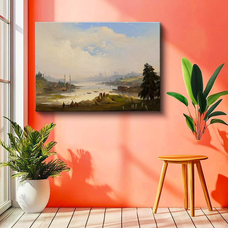 Yatay Kanvas Tablo Ippolito Caffi Haliç Manzarası Kıyıda Çadırlar Ressam Tablosu Duvar Dekoru