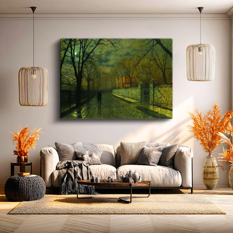 Yatay Kanvas Tablo J.A. Grimshaw Yağmurlu Yol Gece Mehtaplı Figürler Ressam Tablosu Ev Ofis Dekoru