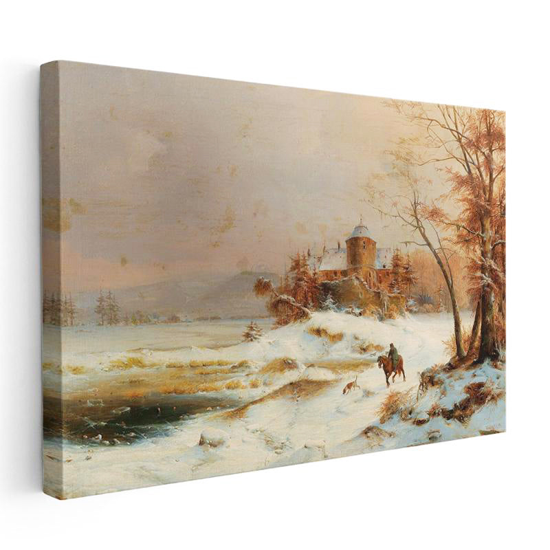 Yatay Kanvas Tablo August Cappelen Kış Donmuş Göl Kenarında Kale Ressam Tablosu Ev Ofis Duvar Dekoru