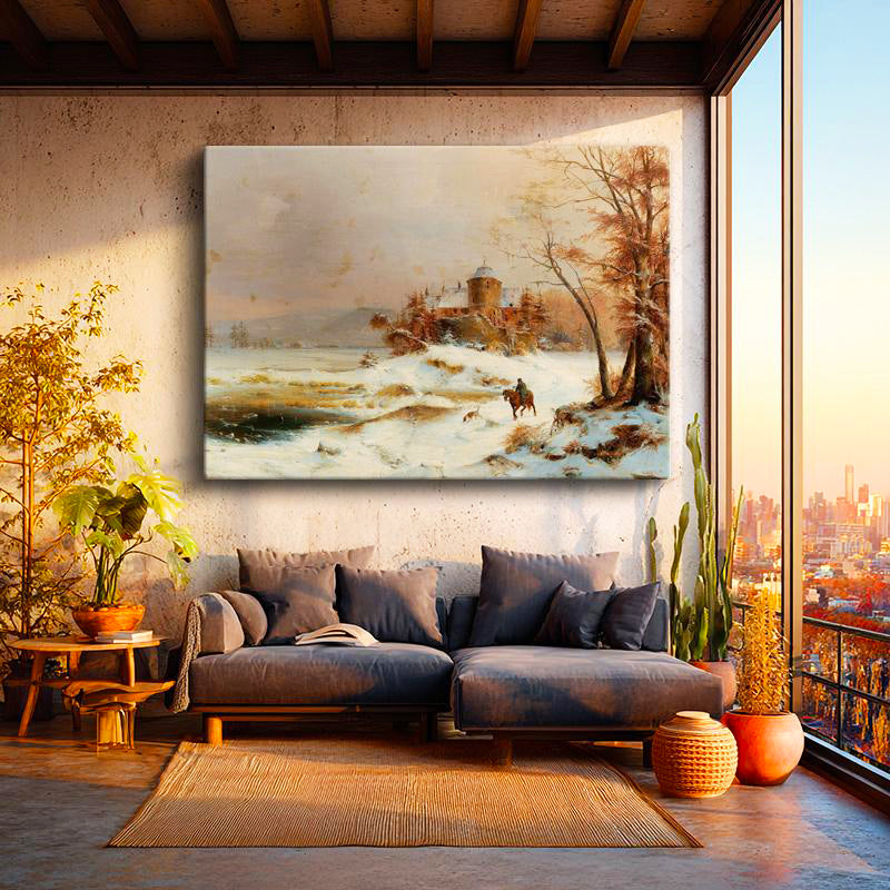 Yatay Kanvas Tablo August Cappelen Kış Donmuş Göl Kenarında Kale Ressam Tablosu Ev Ofis Duvar Dekoru