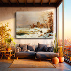 Yatay Kanvas Tablo August Cappelen Kış Donmuş Göl Kenarında Kale Ressam Tablosu Ev Ofis Duvar Dekoru