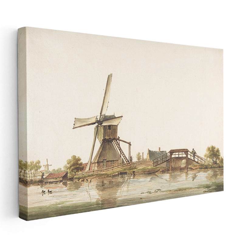 Yatay Kanvas Tablo Andreas Schelfhout Yel Değirmeni Köprü Ressam Tablosu Ev Ofis Duvar Dekoru