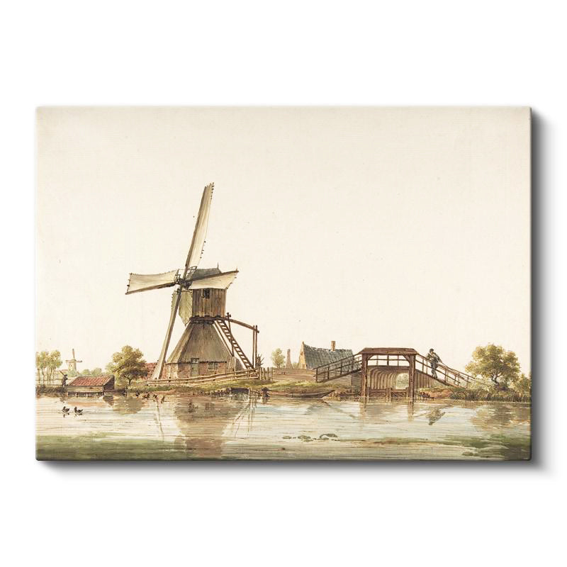 Yatay Kanvas Tablo Andreas Schelfhout Yel Değirmeni Köprü Ressam Tablosu Ev Ofis Duvar Dekoru