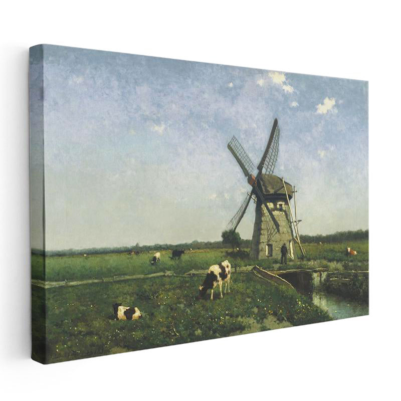 Yatay Kanvas Tablo Anton Mauve Yel Değirmeni ve İnekler Ressam Tablosu Duvar Dekoru
