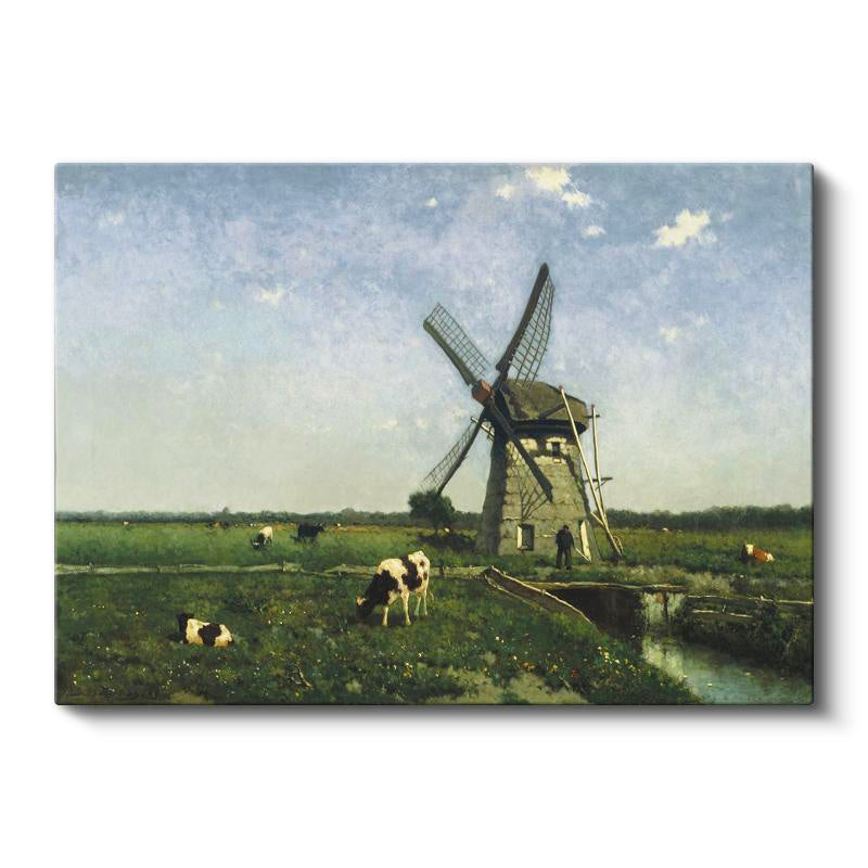 Yatay Kanvas Tablo Anton Mauve Yel Değirmeni ve İnekler Ressam Tablosu Duvar Dekoru