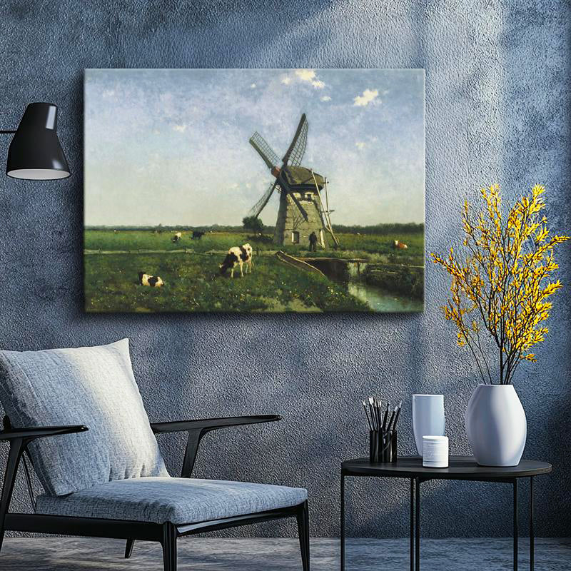 Yatay Kanvas Tablo Anton Mauve Yel Değirmeni ve İnekler Ressam Tablosu Duvar Dekoru