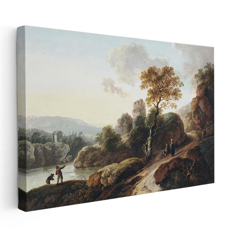Yatay Kanvas Tablo C.J. Vernet Balıkçı ve Harabe Kuleli Köy Manzarası Ressam Tablosu Duvar Dekoru