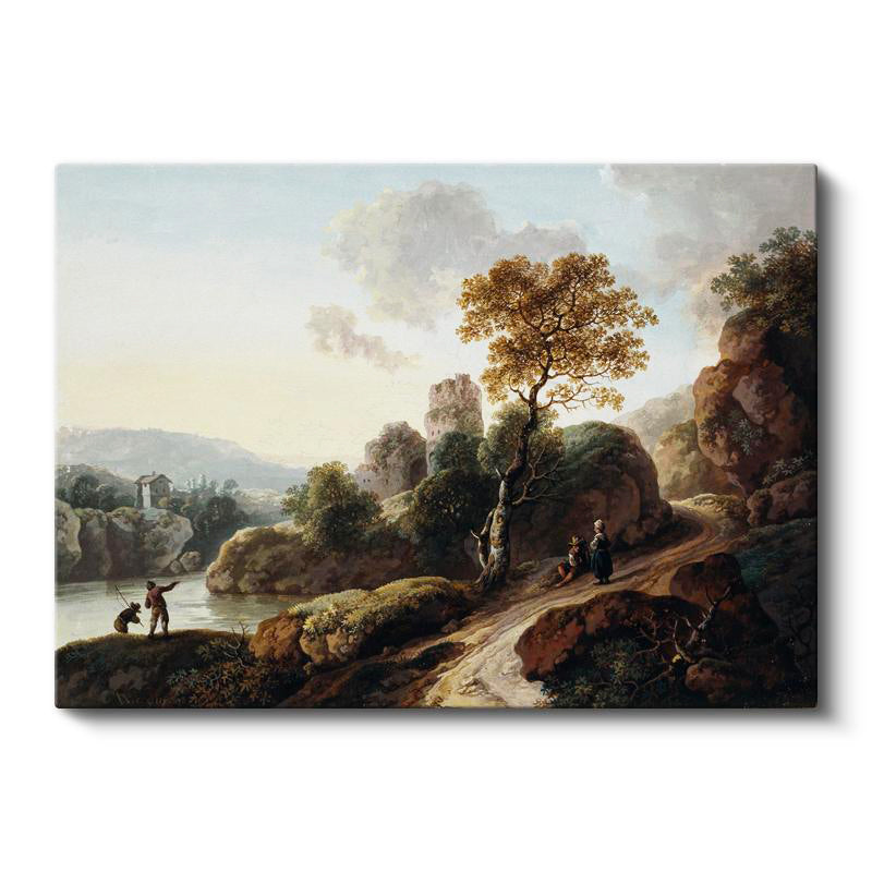 Yatay Kanvas Tablo C.J. Vernet Balıkçı ve Harabe Kuleli Köy Manzarası Ressam Tablosu Duvar Dekoru