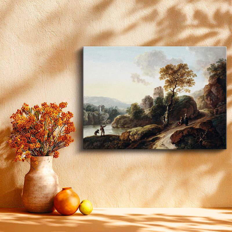 Yatay Kanvas Tablo C.J. Vernet Balıkçı ve Harabe Kuleli Köy Manzarası Ressam Tablosu Duvar Dekoru