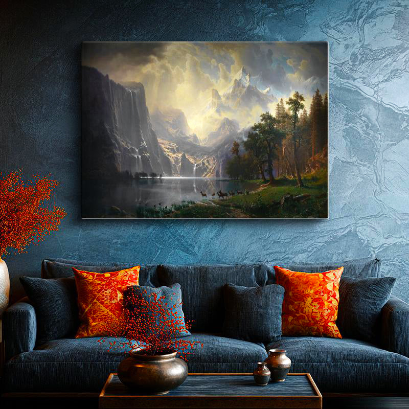 Yatay Kanvas Tablo Albert Bierstadt Yosemite Vadisi Şelale ve Göl Işık Ressam Tablosu Ev Ofis Dekoru