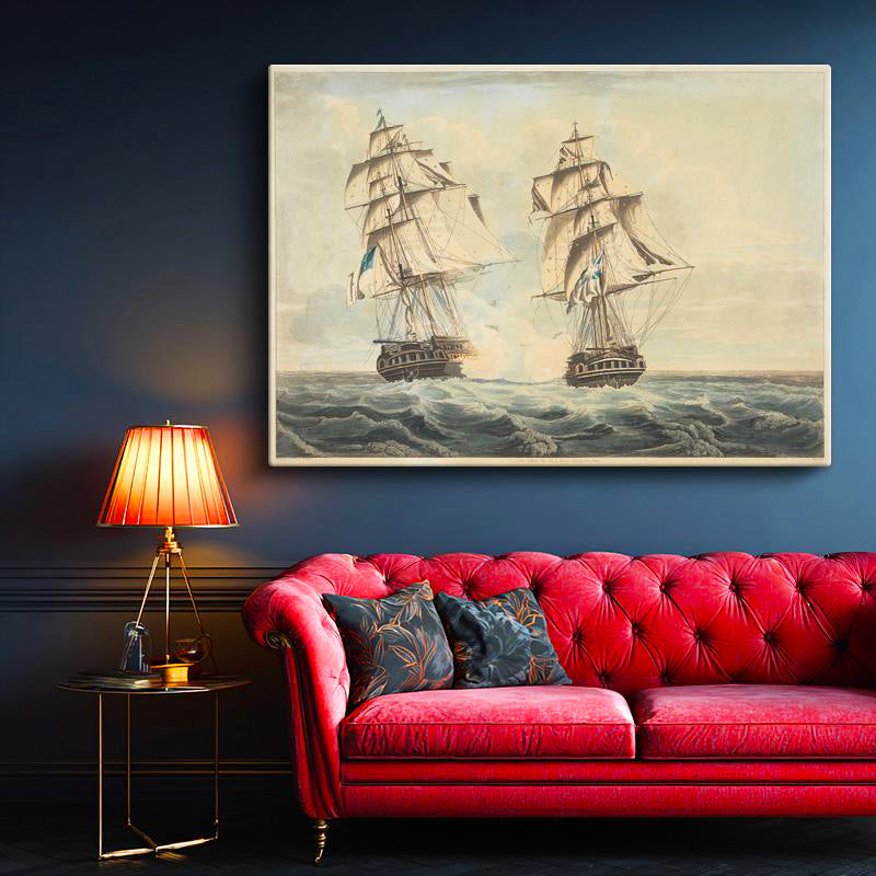 Yatay Kanvas Tablo Robert Dodd Deniz Savaşı Yelkenli Fırkateynler Ressam Tablosu Ev Ofis Dekoru