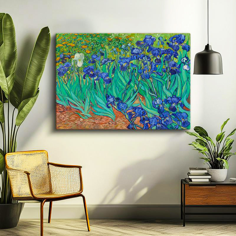 Yatay Kanvas Tablo Vincent van Gogh İris Çiçekleri Bahçe Mavi Ressam Tablosu Ev Ofis Duvar Dekoru