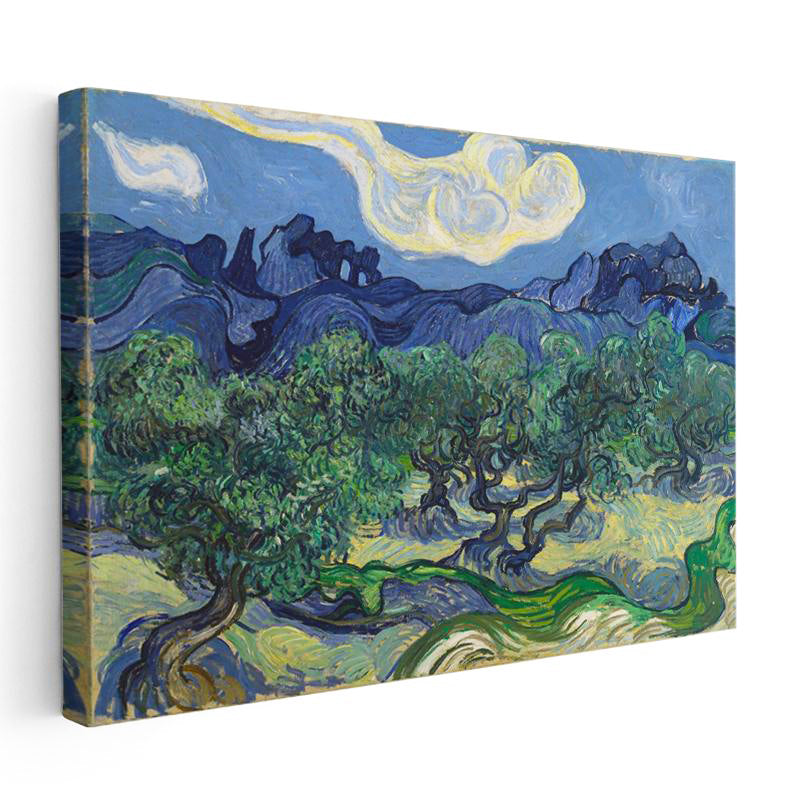 Yatay Kanvas Tablo Van Gogh Zeytin Ağaçları Mavi Dağlar Bulutlu Ressam Tablosu Ev Ofis Duvar Dekoru