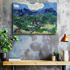 Yatay Kanvas Tablo Van Gogh Zeytin Ağaçları Mavi Dağlar Bulutlu Ressam Tablosu Ev Ofis Duvar Dekoru
