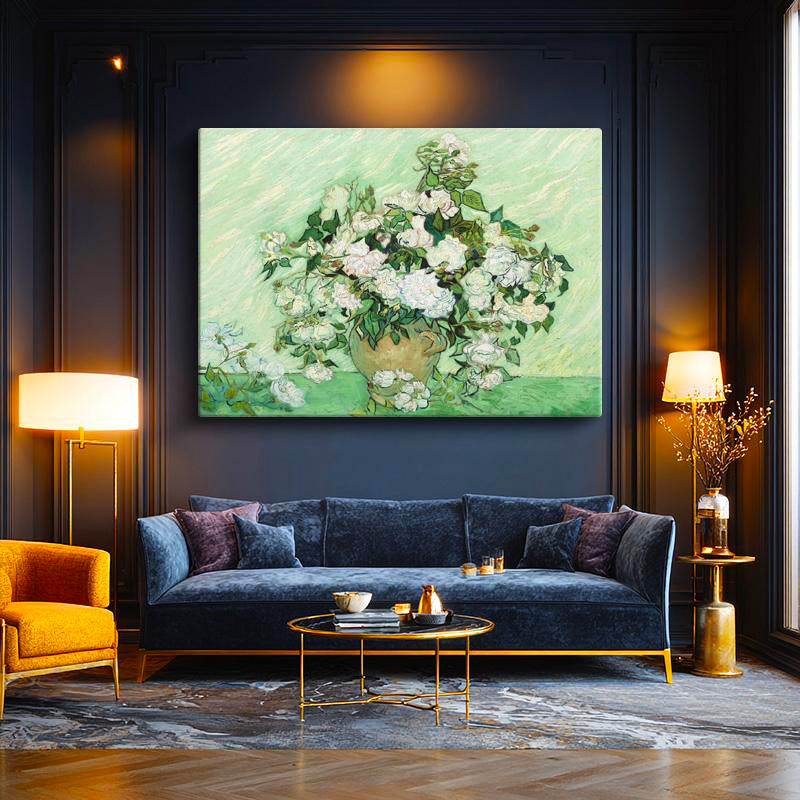 Yatay Kanvas Tablo Van Gogh Beyaz Güller Vazo Çiçekli Natürmort Ressam Tablosu Ev Ofis Duvar Dekoru
